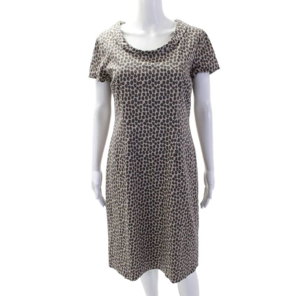 Peter Elliot Women Sheath Dress Beige Polka Dot Short Sleeve Cotton Zip Size 46